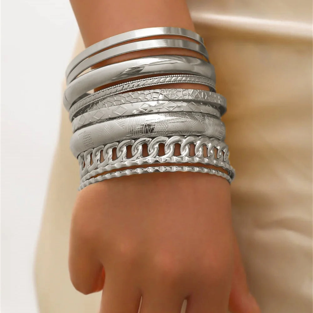 10 teile/satz Metall Armreifen Set Für Frauen Schwere Punk Neue Stile Hiphop Strukturierte Mode Armbänder Schmuck Zubehör