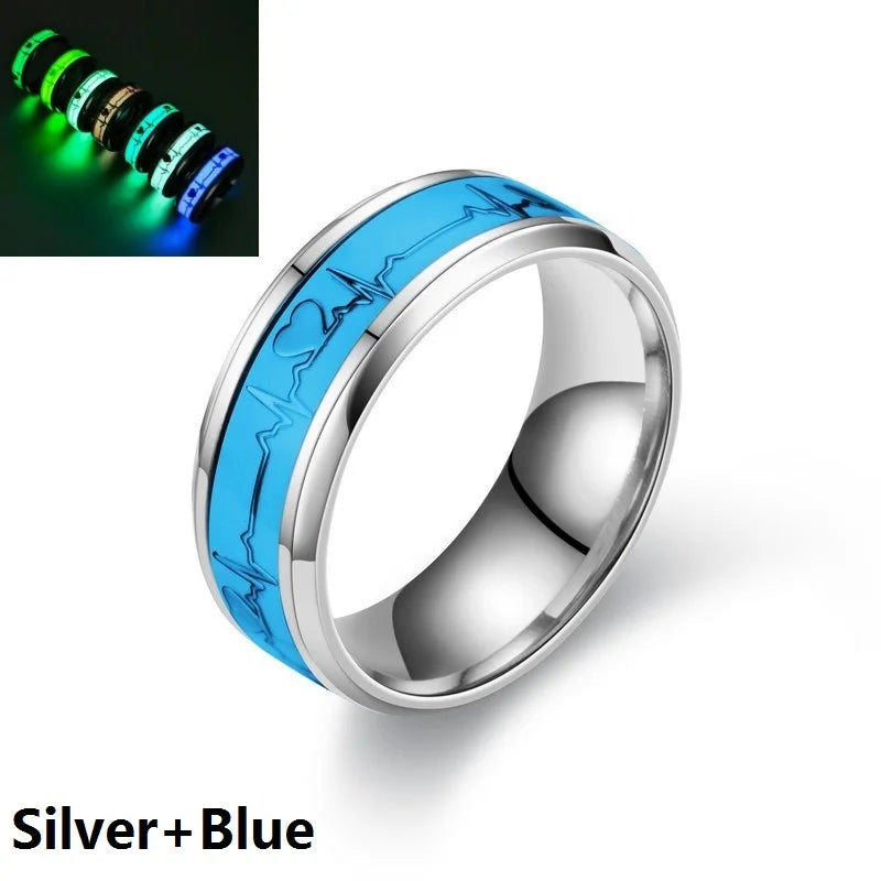 Leuchtende Edelstahl-Liebesherz-Paarringe, die im Dunkeln leuchten, fluoreszierende Anillos, Ehering, Fingerringe, Zubehör