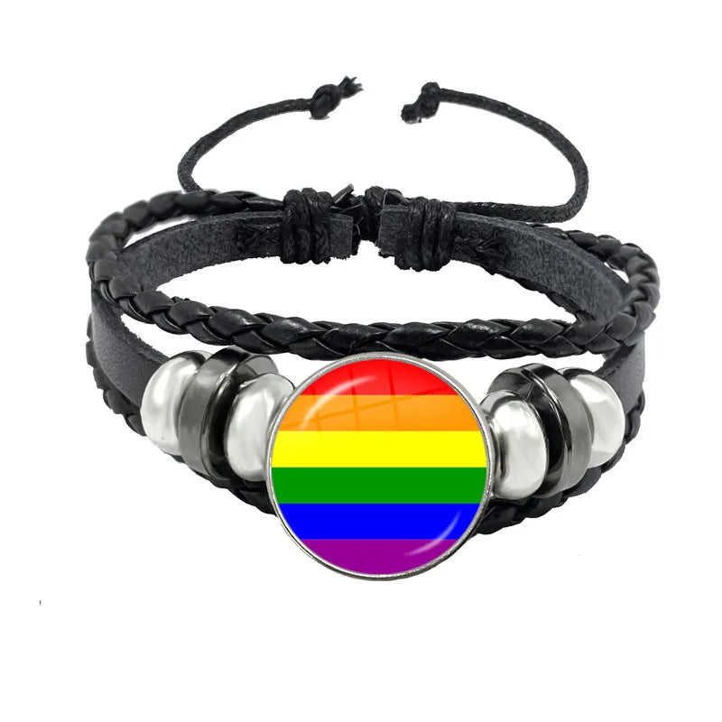 LGBT Schwarz Weave Leder Armband Bi Stolz Glas Cabochon Homosexuell Stolz Regenbogen Flagge Foto Armreif Schmuck Für Frauen Männer Liebhaber geschenk
