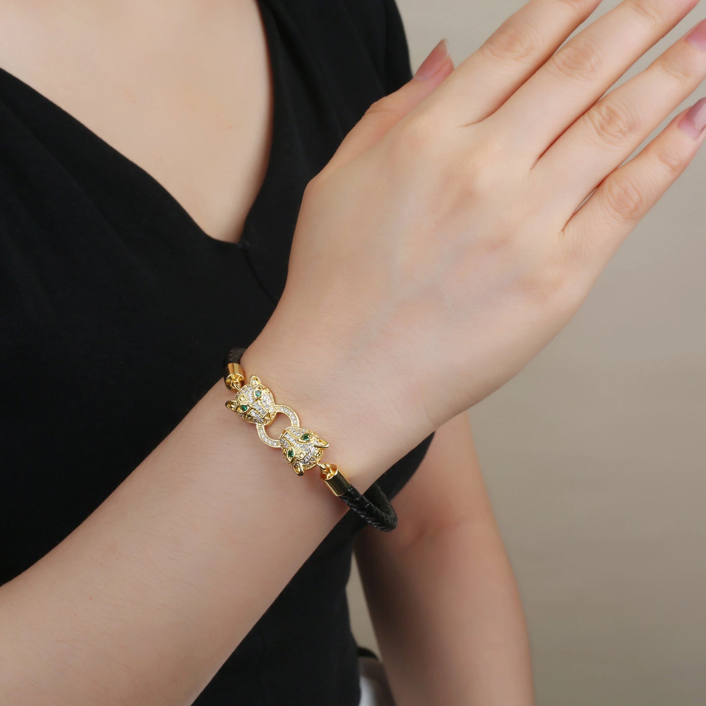 Voller Zirkonia, Leoparden-Tier-Leder, geflochtenes Edelstahl-Armband, klassisch für Mann und Frau, täglicher Party-Schmuck, Geschenk