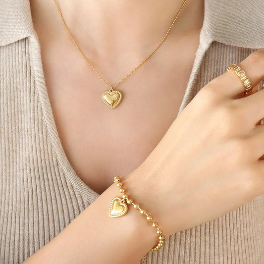 Trendy Herz Anhänger Halskette Armbänder Sets Für Frauen Vergoldet Edelstahl Kugeln Kette Frauen Hochzeit Schmuck Sets