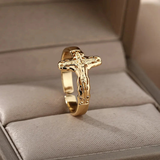 Vintage Jesus Kreuz Ringe Für Frauen Männer Gold Farbe Edelstahl Jesus Kreuz Einstellbare Ring Religiöse Party Schmuck Geschenk