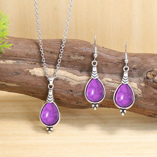 Böhmisches lila quadratisches Wassertropfen-Ohrring-Halsketten-Set für Frauen, europäische und amerikanische Mode, Temperament, Vintage-Schmuck