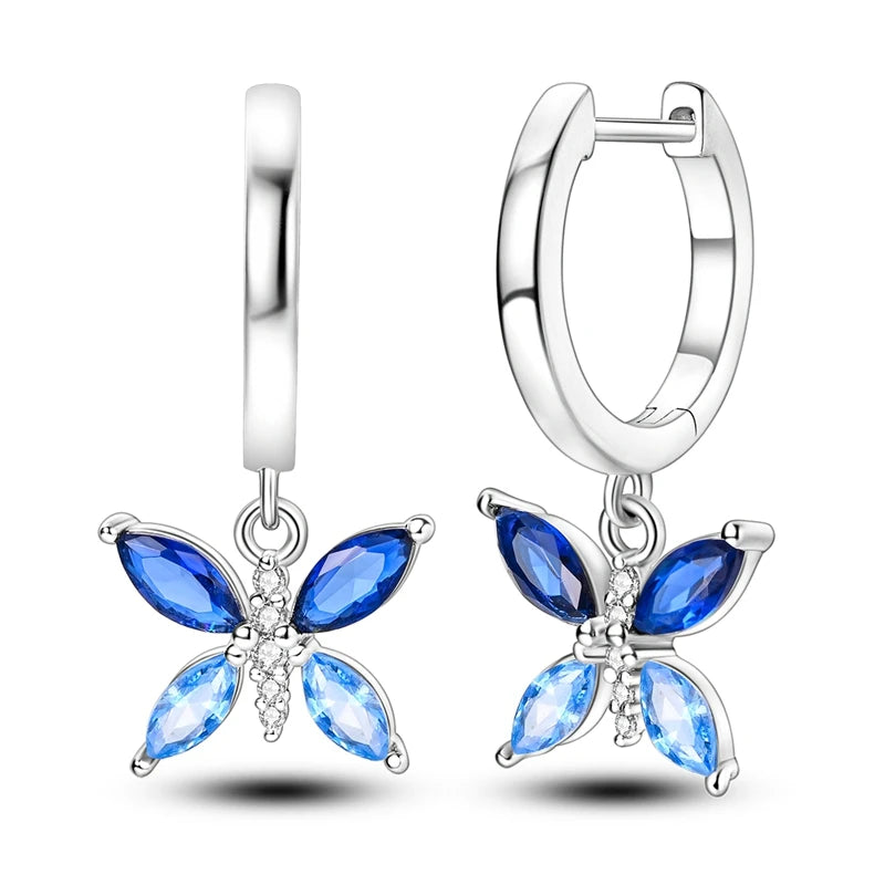 Original 925 Sterling Silber Blaue Zirkonium Schmetterling Ohrringe Farbige Creolen Frauen Weibliche Party Edlen Ohrring Schmuck