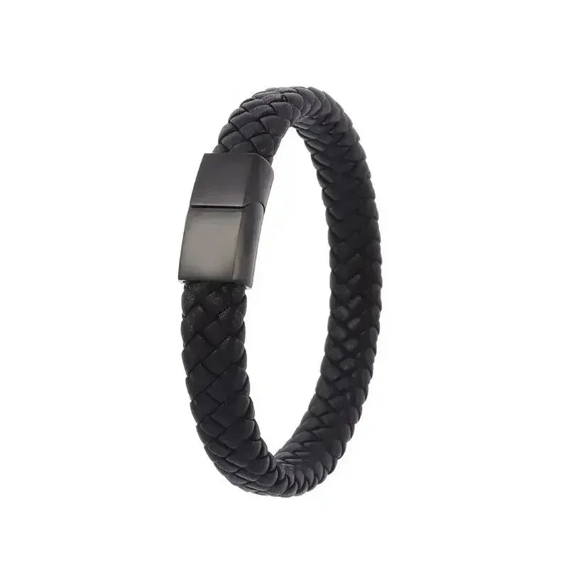 Klassisches einlagiges schwarzes handgewebtes Lederarmband mit Metall-Magnetverschluss, Herrenmode, Business-Schmuck, Geschenk