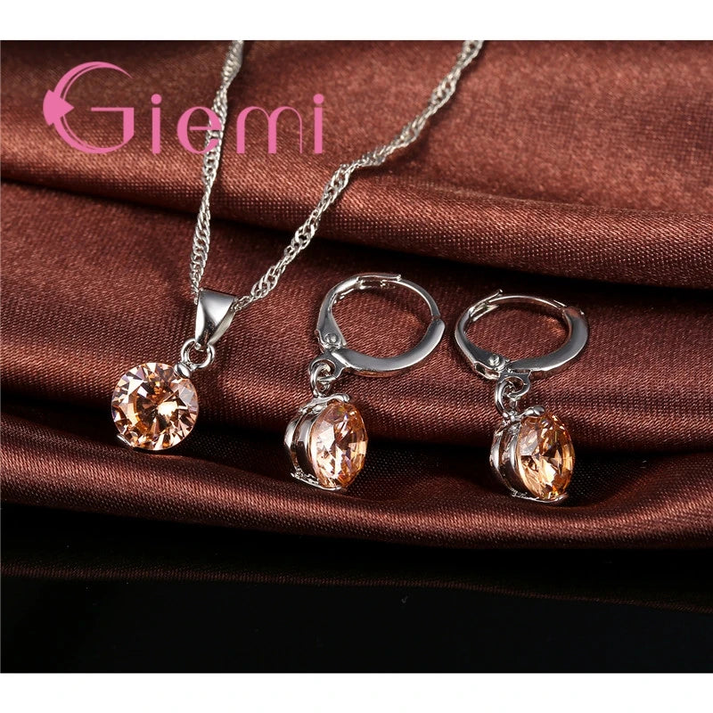 Heißer Verkauf, beliebt, klassisch, rund, 925er Silber, Hochzeit, Verlobung, Schmuck-Sets für Frauen, Anhänger, Halskette, Creolen