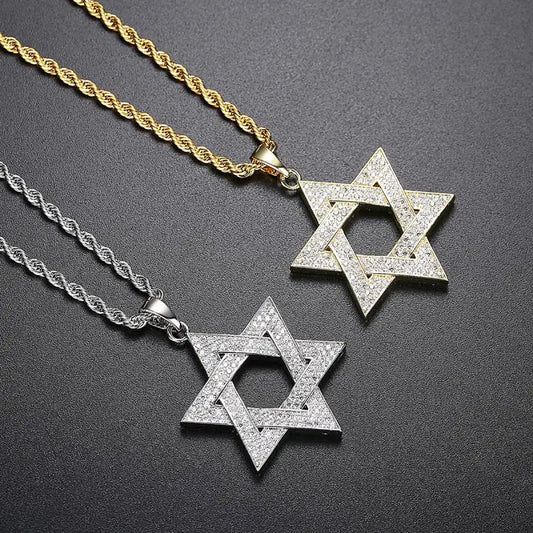 Hip Hop Männer vergoldet Schmuck Micro Pave vereist cz Stein Stern von David Anhänger Hexagramm Israel Judaismus Halsketten