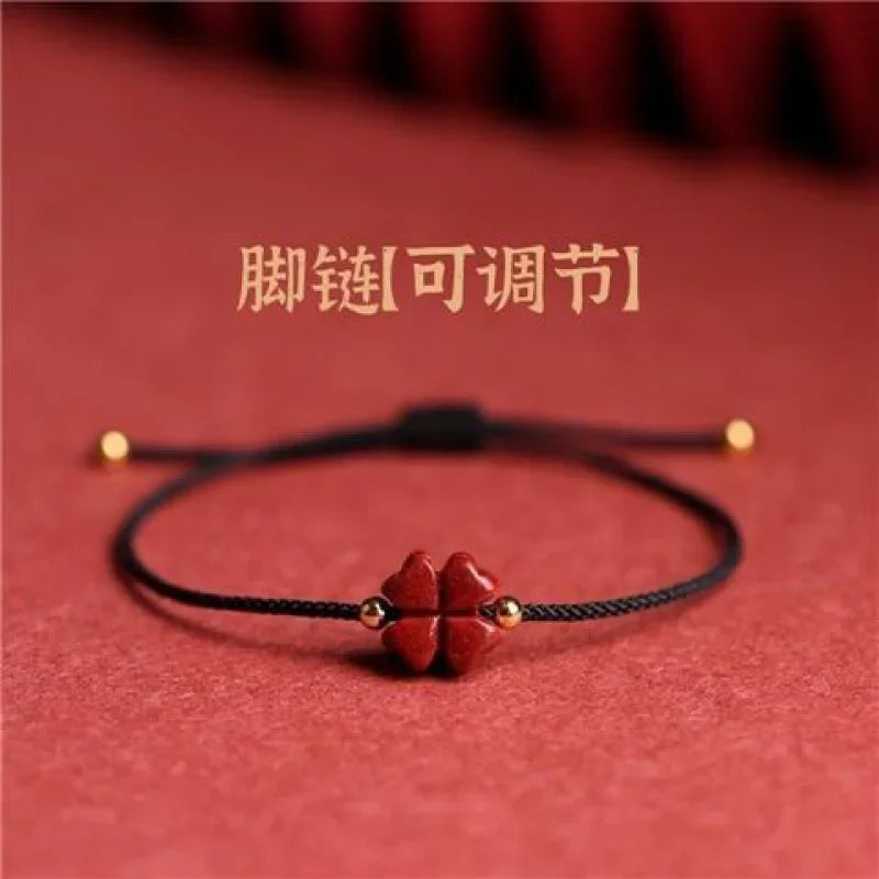 Natürlicher lila Zinnober-Glücksklee, handgefertigt, rotes Seil, Glücksarmreif, Damen- und Herren-Glücks-Fußkettchen, Armband, Größe verstellbar, • Mohamedпо