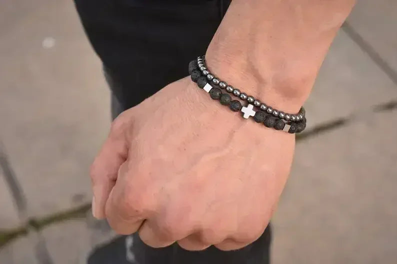 Schwarzes Onyx-Yoga-Armband mit runden Perlen und Pfeilsteinperlen für Herren