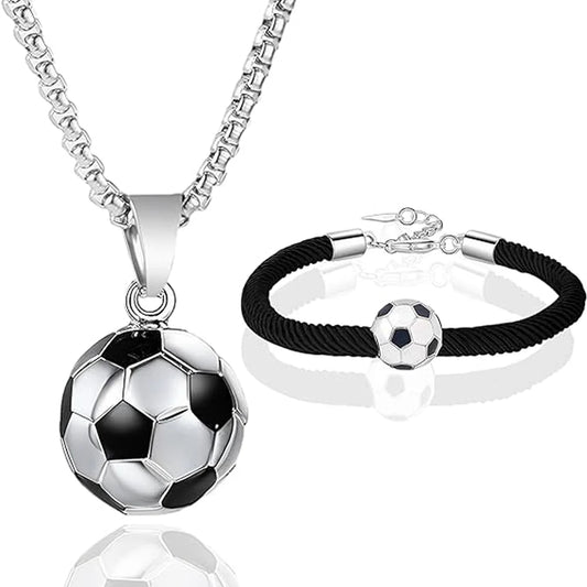 Fußball-Edelstahl-Halskette und Armband, Fußball-Anhänger-Halskette, Tropfarmbänder für Fußballliebhaber, Paare, Tochter, Sohn