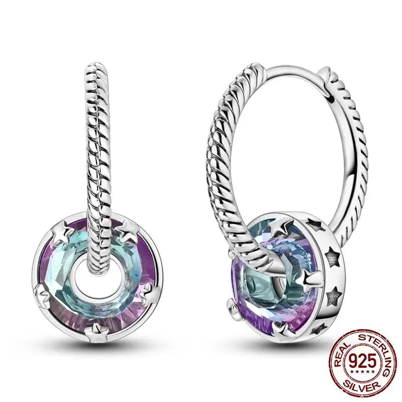 Leuchtende Muschel-Ohrringe für Damen, Original-Ohrringe aus 925er-Sterlingsilber, Pavé-CZ-Stern, Mond, Creolen, Verlobung, Hochzeit, Schmuck