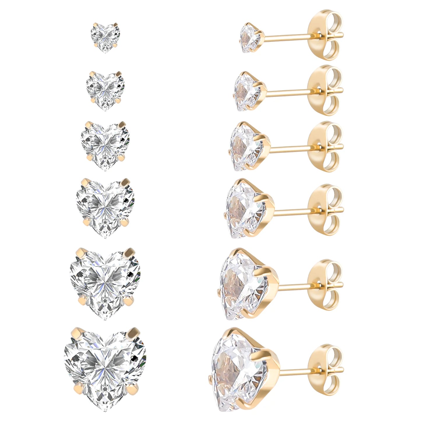 6-teiliges Ohrstecker-Set aus Edelstahl mit Schraubverschluss, vergoldet, Herz, Stern, quadratisch, Prinzessinnenschliff, rund, Zirkonia, CZ