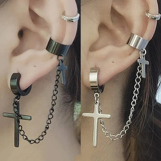 Punk Kreuz Quaste Ohrringe Frauen Integrierte Clip Stud Ohrring Christian Gothic Hip Hop Schmuck Metall Kette Ohr Ring Ohrring Männer