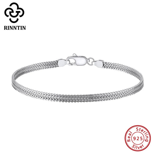 Rinntin Armbänder aus 925er-Sterlingsilber, 2,8 mm, flache Netzkette, hochwertige Armreifkette, einfache Damen- und Herren-Accessoires für den täglichen Gebrauch SB216