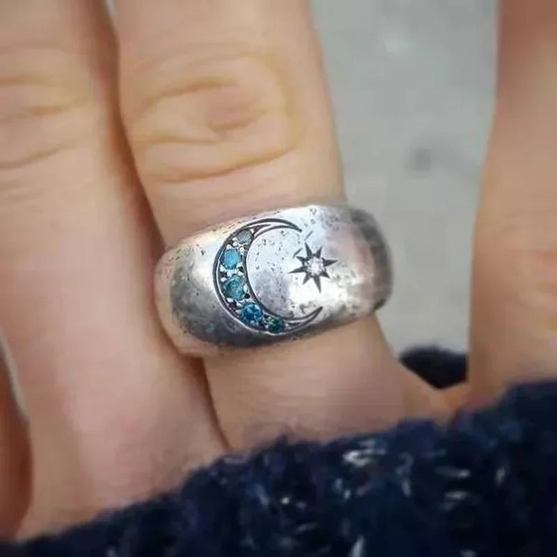 Mode Sonne Mond Ringe Für Frauen Vintage Intarsien Blauen Steine, Verlobung, Hochzeit Ring Schmuck Geschenk Kreative Party Hochzeit