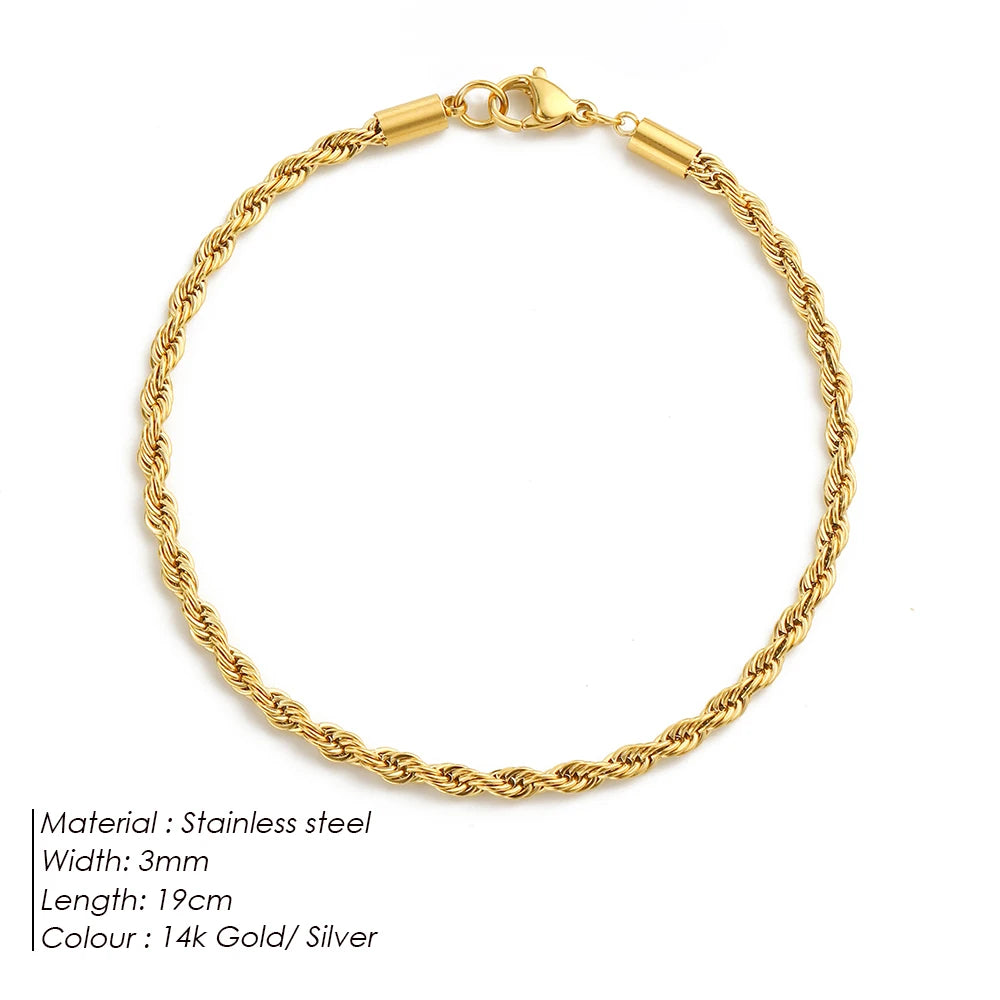 Emanco Edelstahl Twisted Rope Link Chain uneinstellbare Damen Hip Hop Punk 4mm Armbänder