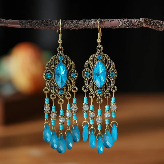 Vintage böhmischen langen Tropfen baumeln Ohrringe für Frauen geometrische Perlen handgemachte Quaste Kristall ethnischen Boho Hochzeit Ohrringe Schmuck