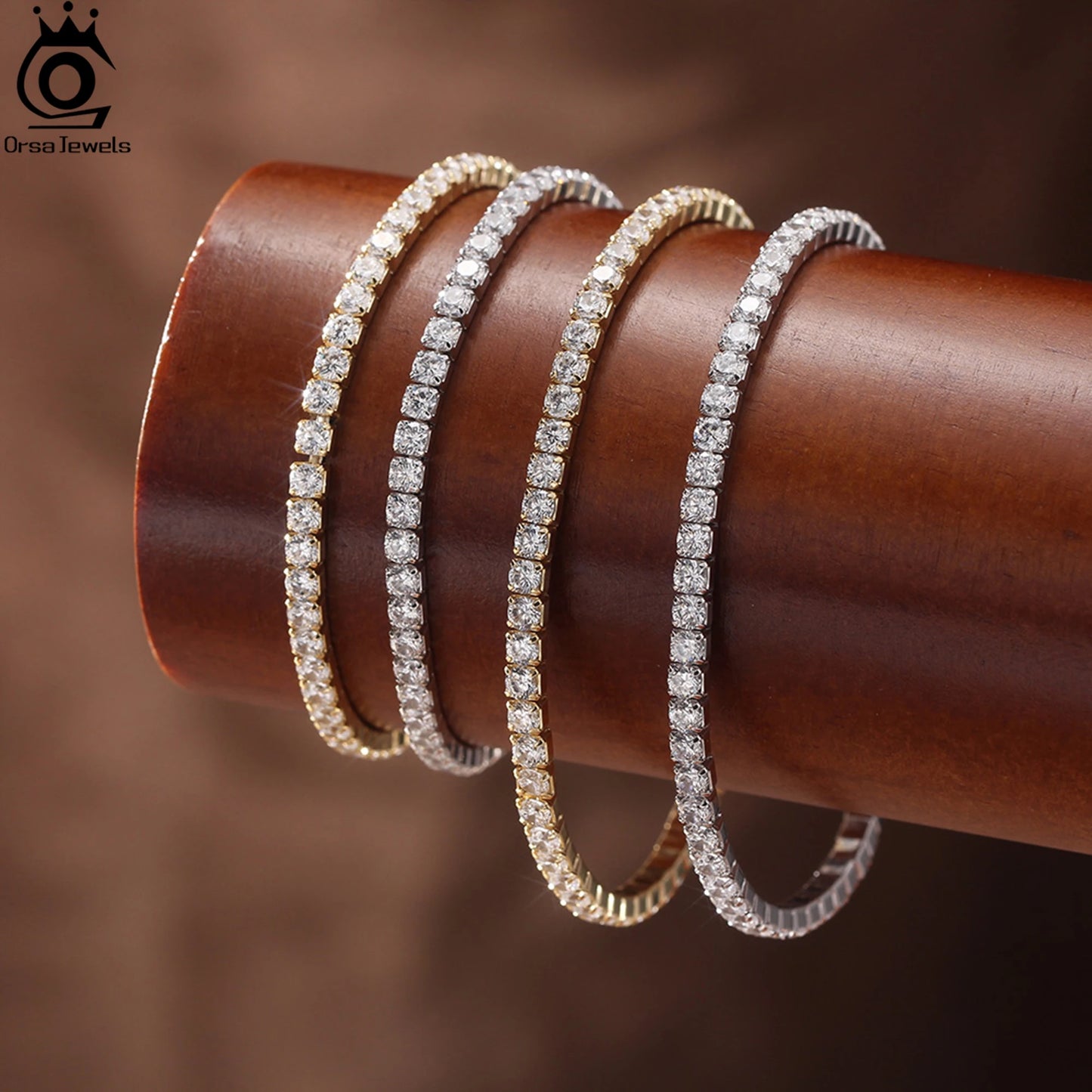 ORSA JEWELS 3 mm funkelndes 5A-Tenniskettenarmband mit kubischem Zirkonia, 925er Sterlingsilber, 14 Karat vergoldetes elastisches Seil, vorhanden SB217