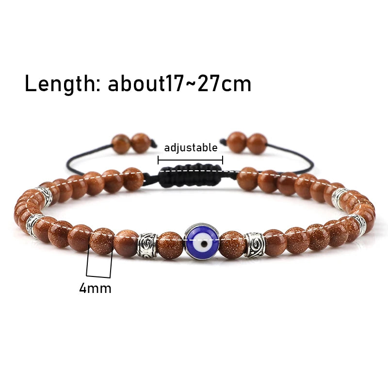 Evil Eye Armband, 4 mm, natürliche schwarze, matte Lavasteinperlen, handgefertigtes geflochtenes Armband für Männer und Frauen, Yoga, Reiki, verstellbarer Schmuck