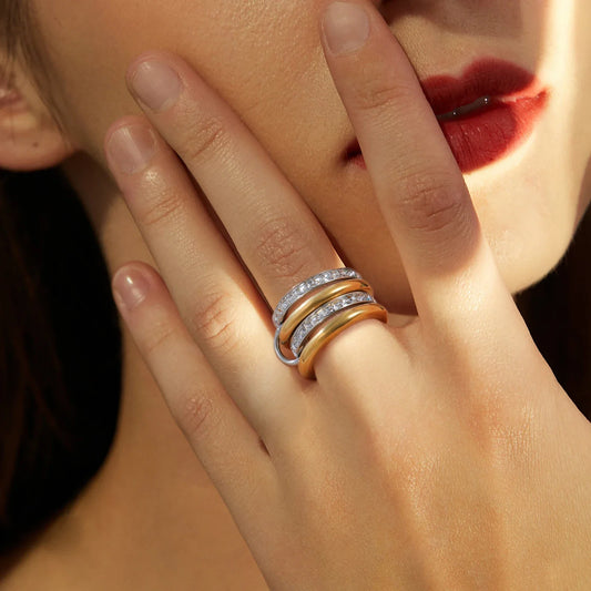 Teamer Frauen Mehrere Schichten Ringe Edelstahl Gold Farbe Klar Zirkon Finger Ring Minimalistischen Mode Schmuck Geschenk Großhandel
