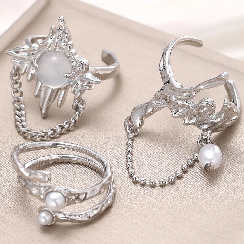 Vintage Unregelmäßige Perle Offenen Ring für Frauen Männer Punk Gothic Silber Farbe Kristall Einstellbare Paar Ringe Y2K Egirl Schmuck Geschenke