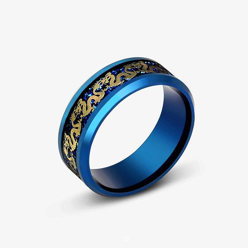 8mm Edelstahl Dominierenden Drachen Muster Ringe für Männer Frauen Punk Intarsien Blau Carbon Faser Ring bagues pour femme