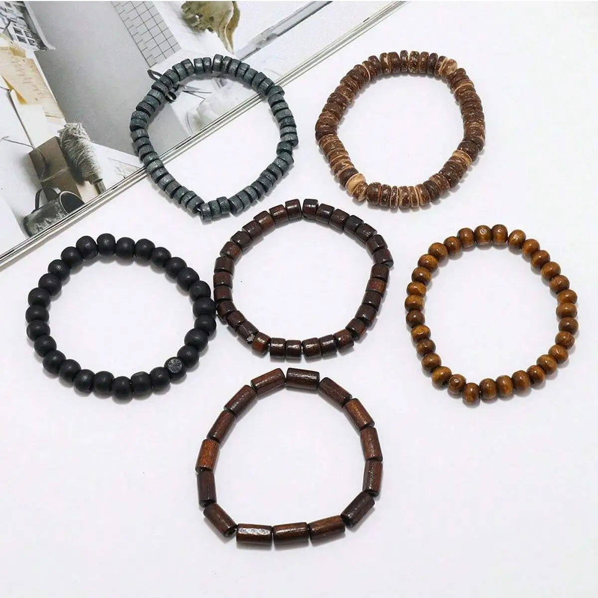 6PCS Wodeen Geflochtenes Wrap Lederarmband für Männer Vintage Leben Holzperlen Mode Männliche Armband
