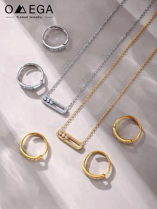 Edelstahl-Ketten-Halsketten, Ringe für Damen, 18 Karat vergoldet, mit beweglichem Zirkon-Anhänger, Halskette, passendes Ring-Schmuckset