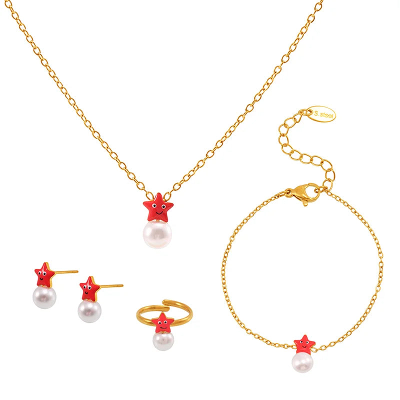 Liora Mode Emaille Bowknot Anhänger Simulierte Perle Halskette Armband Ring Ohrringe Für Mädchen Edelstahl Charme Schmuck Set
