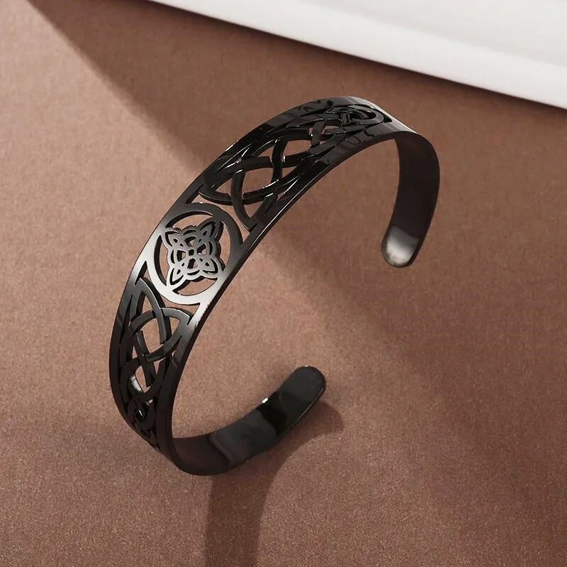 Hexenknoten-Manschettenarmband aus Edelstahl, heidnisches Hexerei-Symbol, magischer Knoten, viel Glück, Amulett, Armreifen, keltischer Knoten, Schmuck