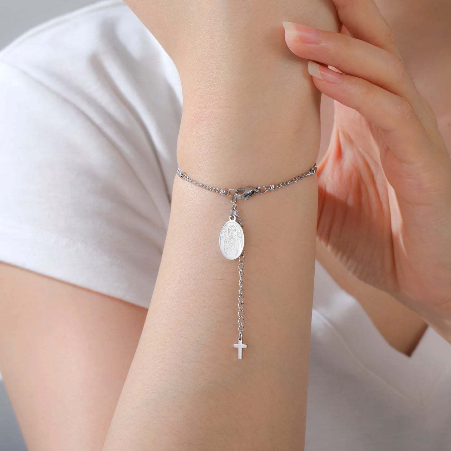 Edelstahl Perlen Kreuz Jungfrau Maria Anhänger Armband Modeschmuck Armband Geschenk für Frau