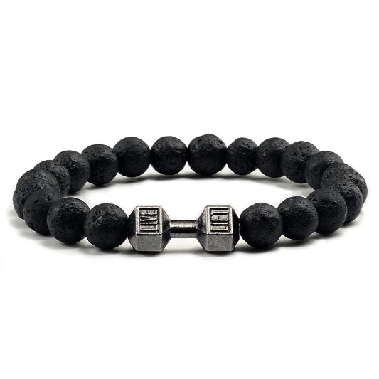 1pc Natürliche Schwarze Vulkanische Lava Stein Hantel Armband Schwarz Matte Perlen Armbänder Für Frauen Männer Fitness Barbell Schmuck Pulser