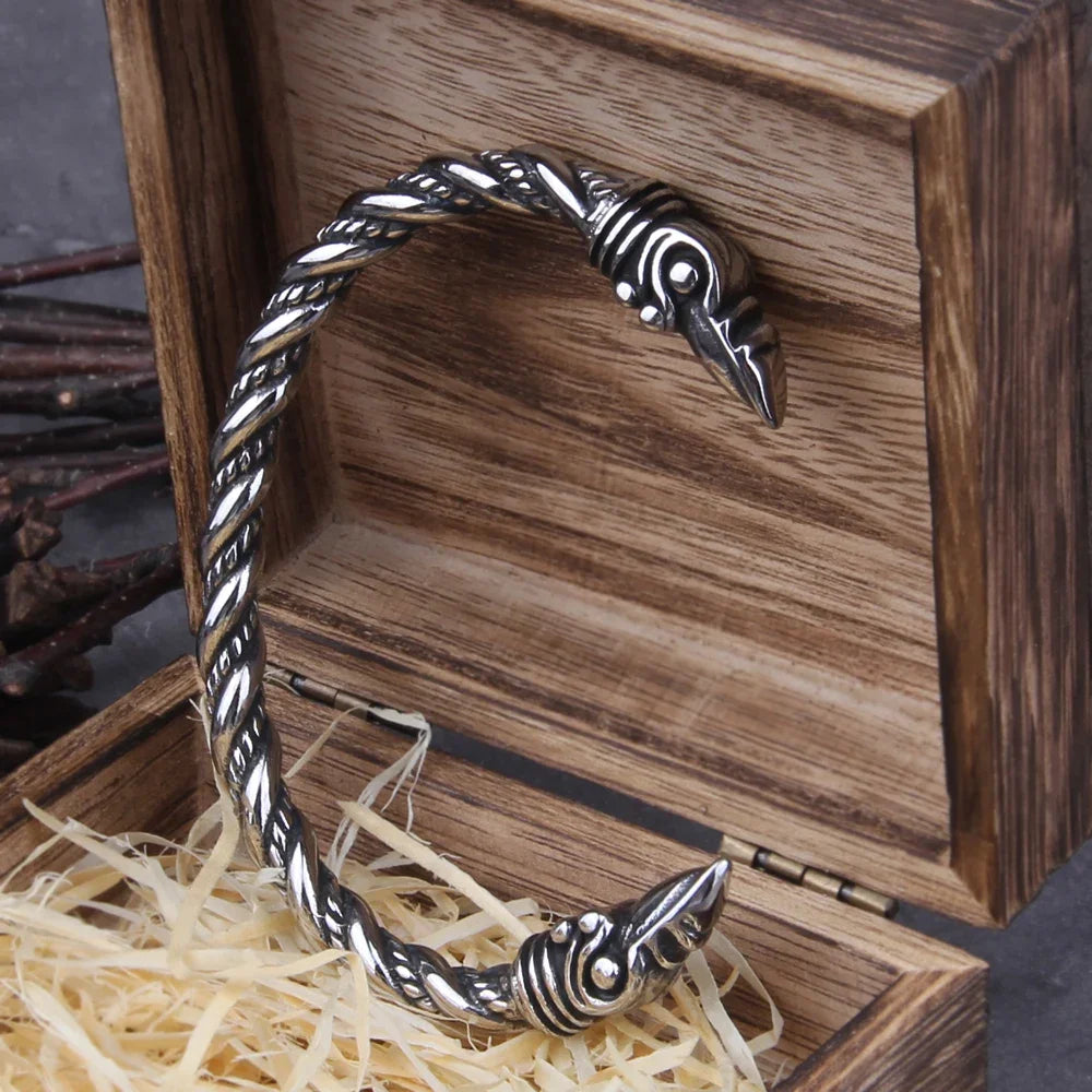 Edelstahl Nordic Viking Nordic Raven Armband Herren Armband Manschettenarmbänder mit Wikinger Holzkiste