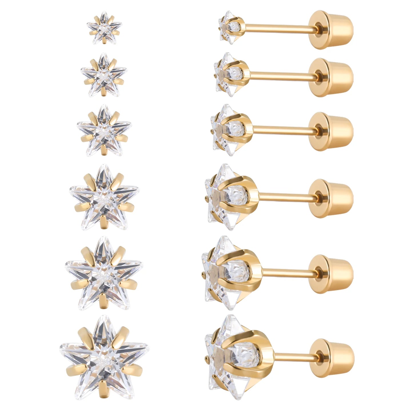6-teiliges Ohrstecker-Set aus Edelstahl mit Schraubverschluss, vergoldet, Herz, Stern, quadratisch, Prinzessinnenschliff, rund, Zirkonia, CZ