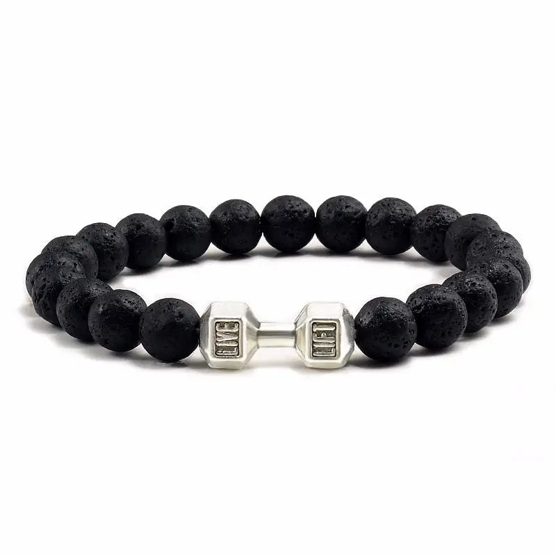 Hochwertige Männer Perlen Armband natürliche schwarze Lava Stein Hantel Charm Armbänder Energie Fitness Lang hantel Mode Frauen Schmuck
