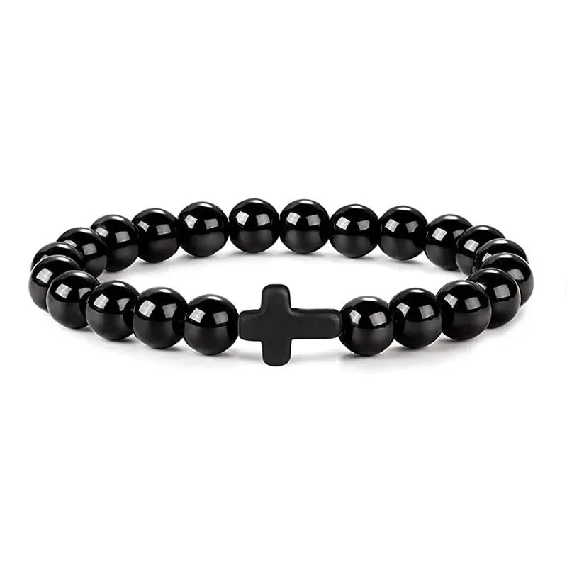 Gebet Männer Naturstein Holz Perlen Rosenkranz Hämatit Kreuz Armbänder Onyx Meditation Armband Frauen Yoga Schmuck Homme Pulsera