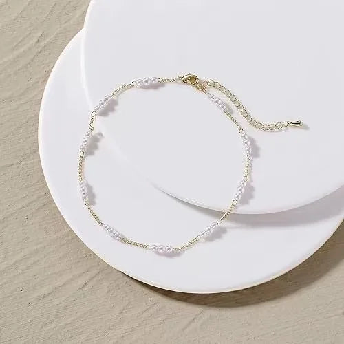 Gold-/Silber-Knöchelarmbänder für Damen, 14 Karat vergoldete kleine Perlen, ayered Fußkettchen, Sommer-Fußschmuck