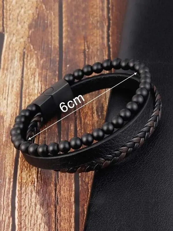 Mehrstufiger Vulkanstein oder Tigerauge-Stein plus dreilagiges Herrenarmband aus PU-Leder, Business-Freizeit-Geschenk für Männer