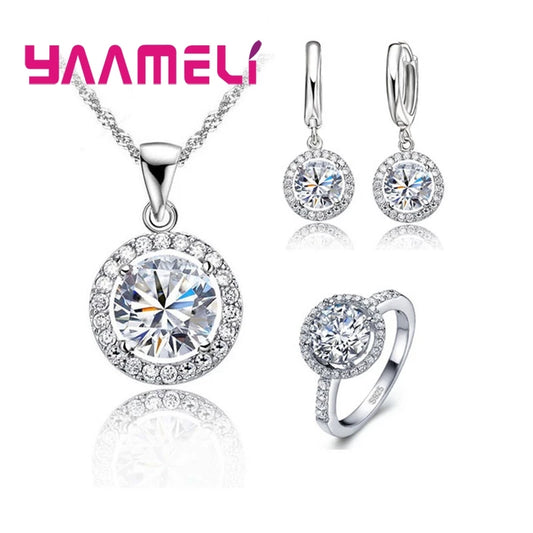 925 Sterling Silber Zirkon Schmuck Sets Frauen österreich ischen Kristall Hochzeit Anhänger Halskette Ohrring Ring Schmuck Set Dame