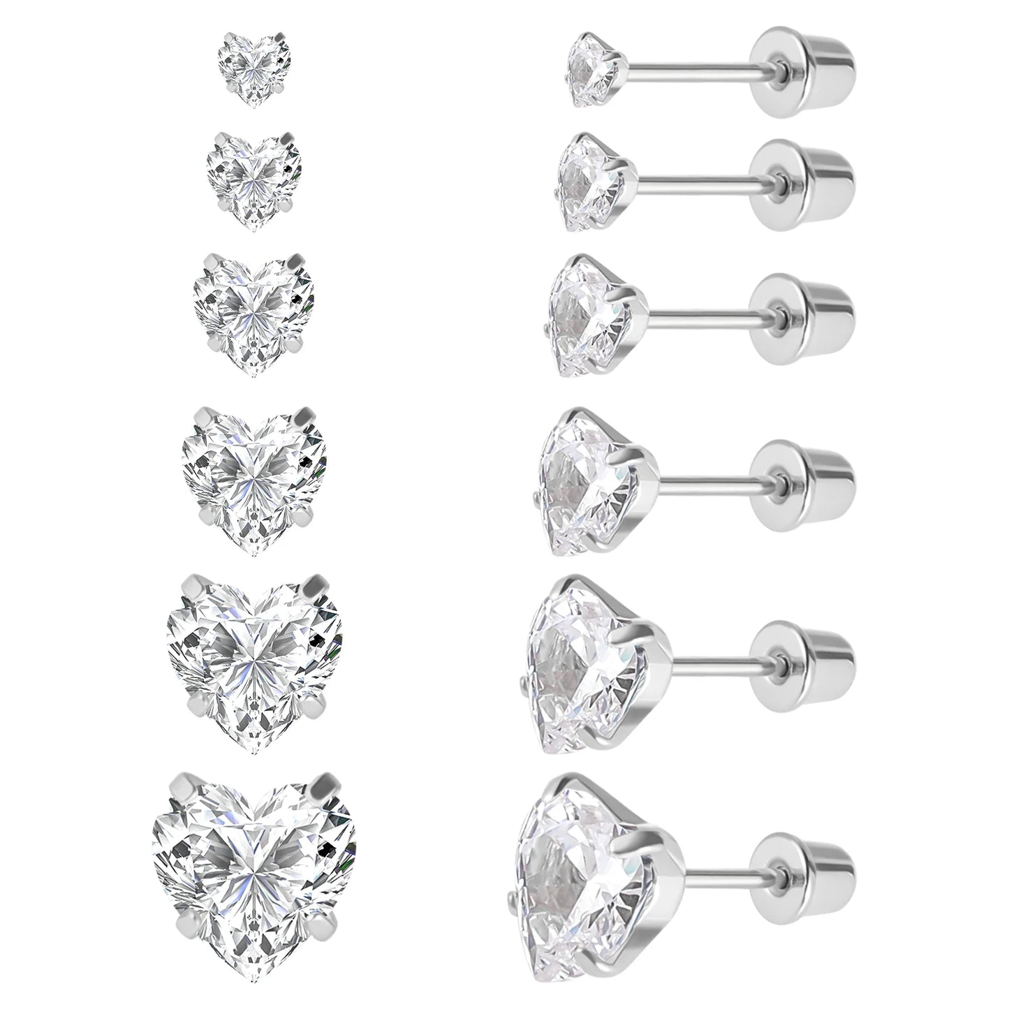 6-teiliges Ohrstecker-Set aus Edelstahl mit Schraubverschluss, vergoldet, Herz, Stern, quadratisch, Prinzessinnenschliff, rund, Zirkonia, CZ