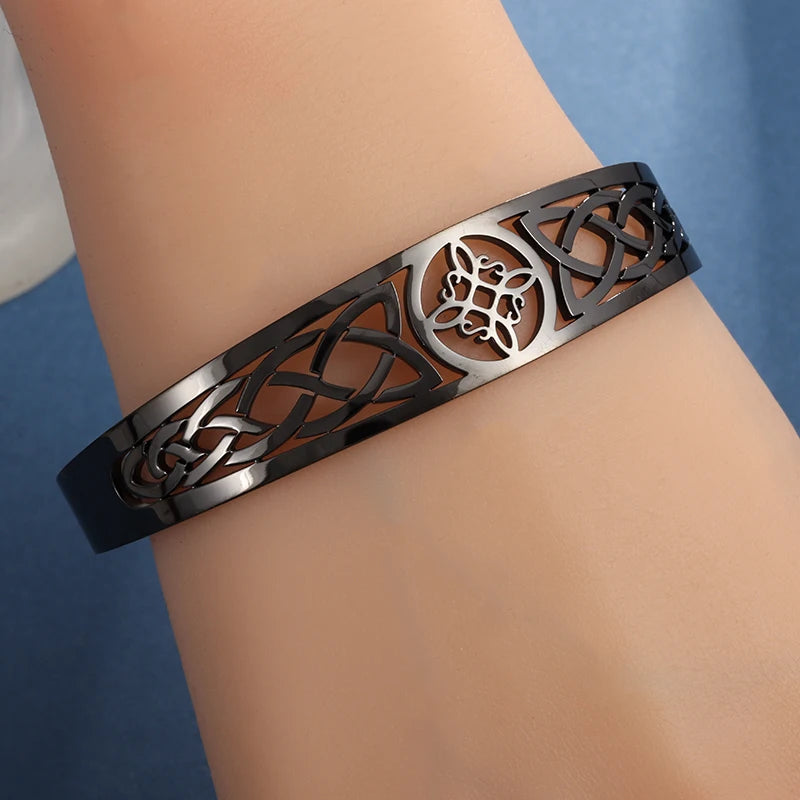 Hexenknoten-Manschettenarmband aus Edelstahl, heidnisches Hexerei-Symbol, magischer Knoten, viel Glück, Amulett, Armreifen, keltischer Knoten, Schmuck