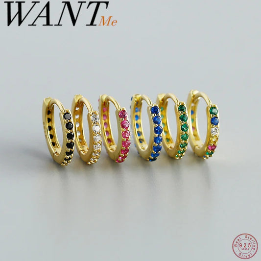 WANTME 925 Sterling Silber Einfache Farbe Zirkon Huggies 8,8mm Ohr Creolen für Frauen Mode Überzogene 18 k Gold Charms schmuck