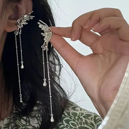 Neue Kpop Silber Farbe Ohrringe Fee Engel Flügel Schmetterling Lange Quaste Clip Ohrringe für Frauen Teenager Coole Ohr Manschette Party Schmuck