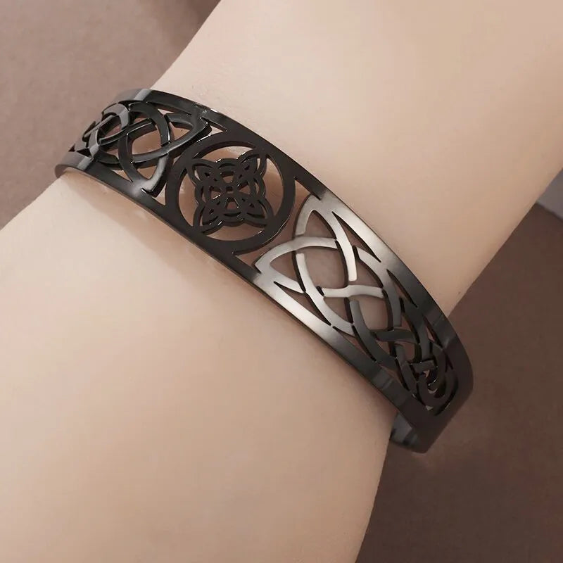 Hexenknoten-Manschettenarmband aus Edelstahl, heidnisches Hexerei-Symbol, magischer Knoten, viel Glück, Amulett, Armreifen, keltischer Knoten, Schmuck