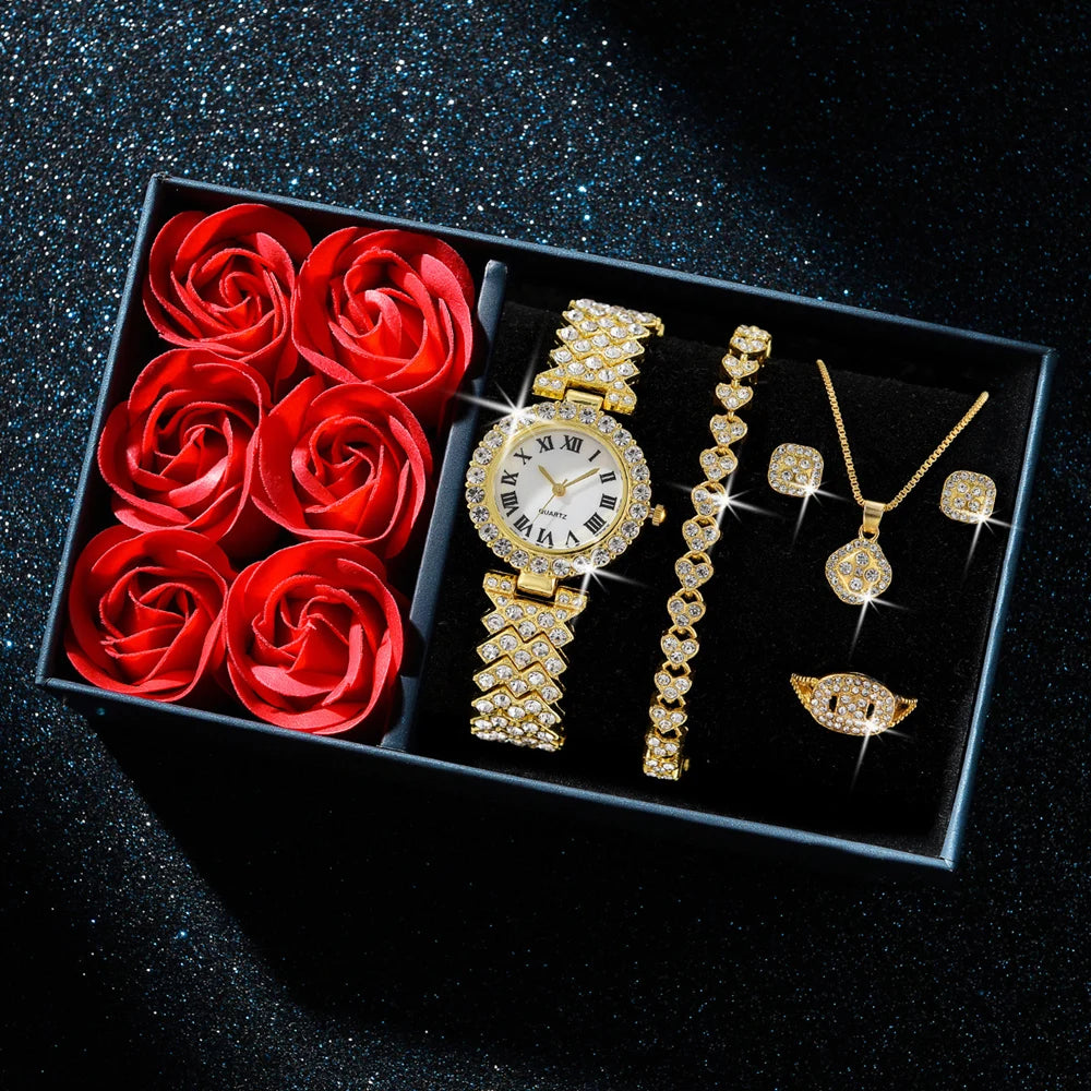 Mode Luxus Frauen Gold Uhr Armband Halskette 6Pcs Set Damen Diamant Quarz Armbanduhr Valentinstag Mutter der Tag geschenk