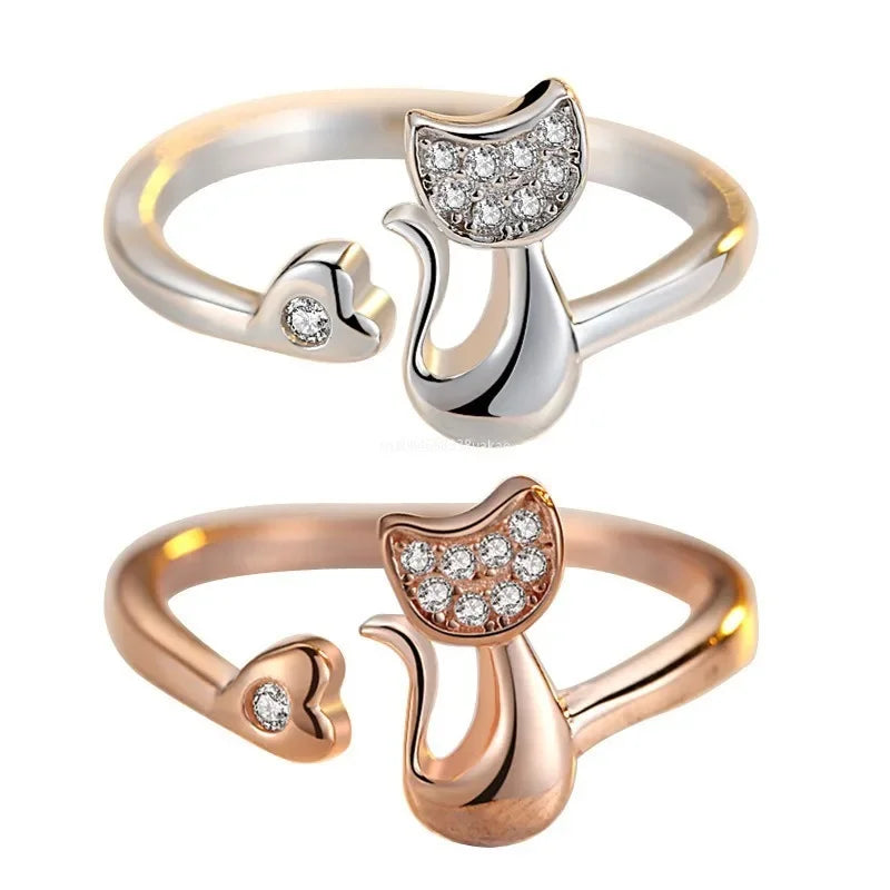 Neue Charme Kristall Offene Ringe Top Qualität Zirkonia Kristall Intarsien Niedlichen Tier Katze Ring für Frauen Mädchen Mode Tier