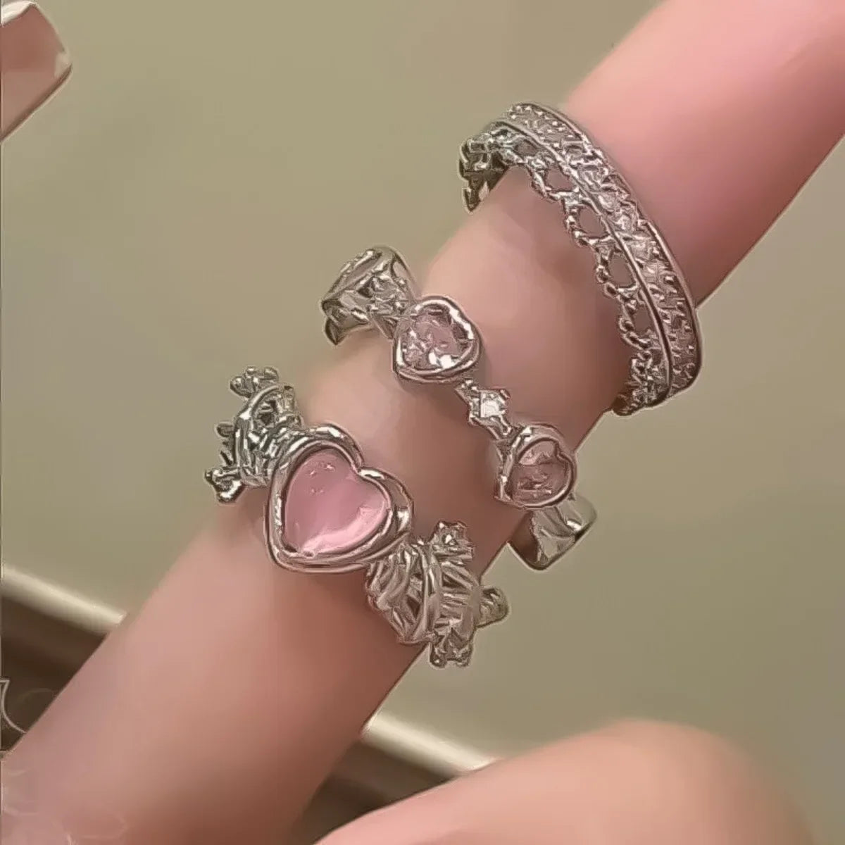 3PCS Trendy Y2k Herz-förmigen Zirkon Rosa Kristall Ringe Frauen Elegante Exquisite Shiny Offenen Kristall Ring Mädchen Partei schmuck Geschenke