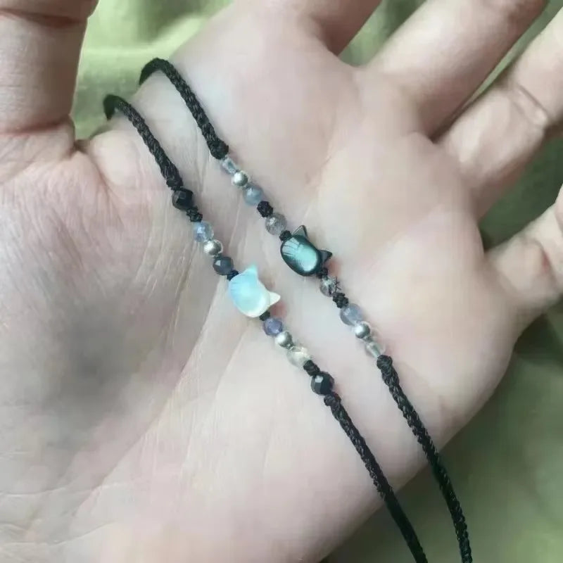 2 stücke natürliche Mondstein Obsidian Armbänder Paar minimalist ischen Armband handgemachte süße schwarze weiße Katze Armband Party Schmuck Geschenke