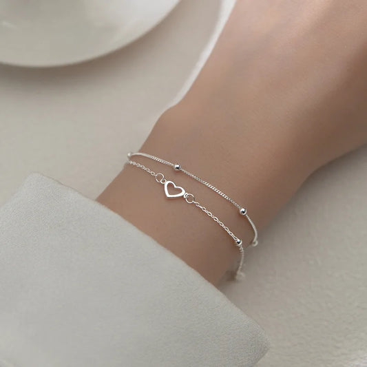 Silbernes doppellagiges Liebesherz-Armband mit hohlen runden Perlen für Frauen und Mädchen, modischer romantischer Schmuck, klassische verstellbare Geschenke
