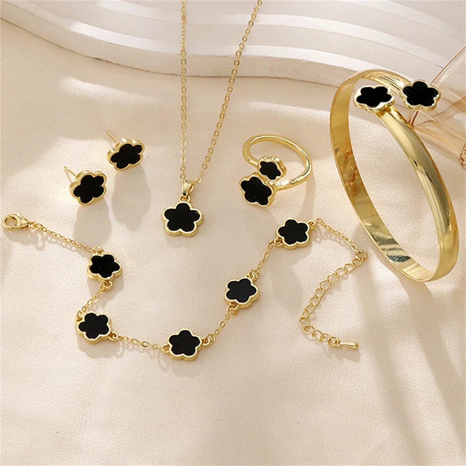 5 Stück Glückliche fünfblütige Blume Frauen Schmuck Set, Mode Blume Armband + Halskette + Ohrringe + Armband + Ring, Geburtstag